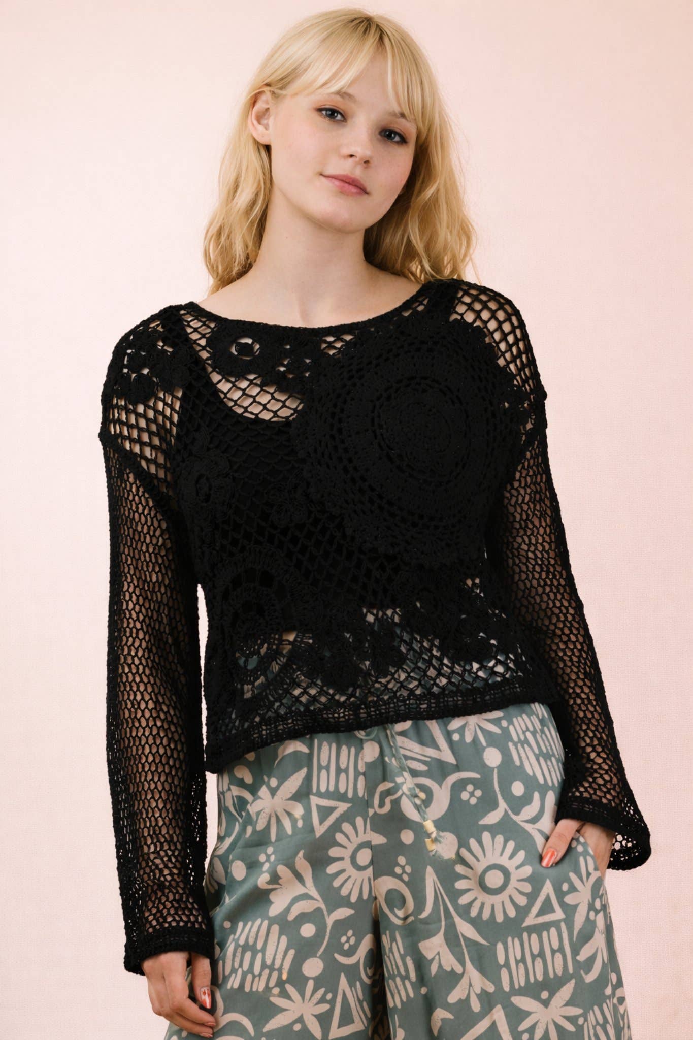NT12142-Crochet Long Sleeve Knit Top: NATURAL / S.M-M.L/
