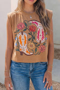 Western Boot & Floral Print Sleeveless Round Neck Regular Fit Top: Camel / Sizes Small - XL