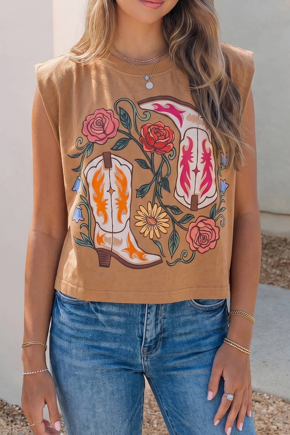 Western Boot & Floral Print Sleeveless Round Neck Regular Fit Top: Camel / Sizes Small - XL