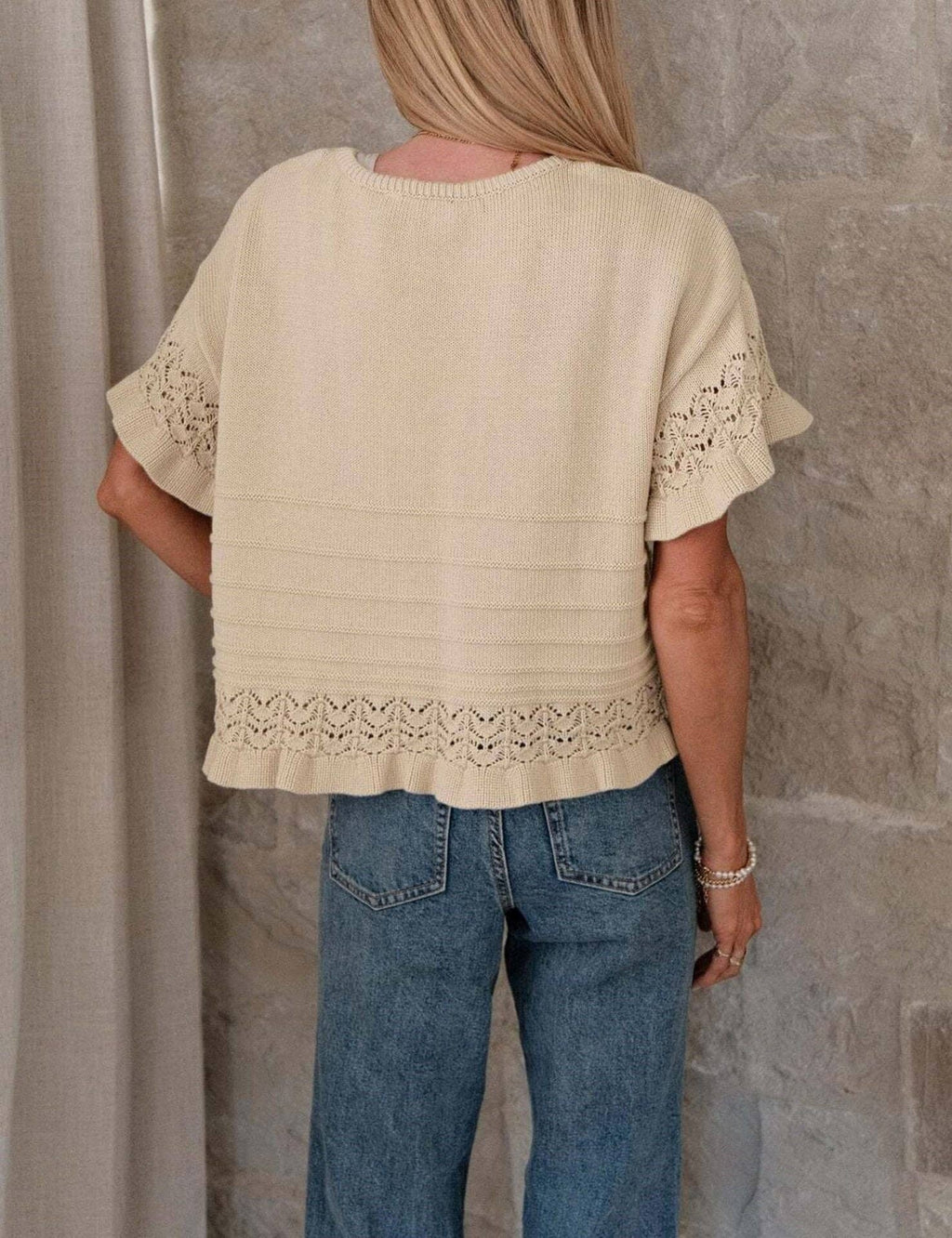 Boho Solid Knit Top Sweater Casual Eyelet Ruffle Sleeve: Olive Green or Khaki: Small - XL