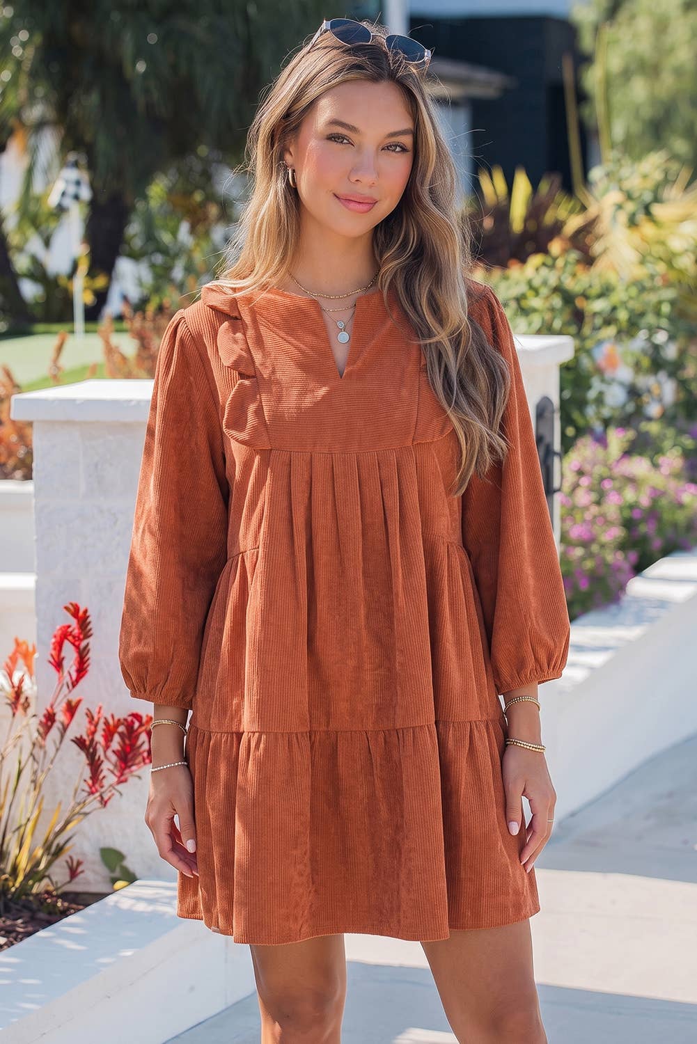 Scallop Split Neck Corduroy Pleated Dress With Pockets: Cinnamon / Moss Green - Sizes S-XL