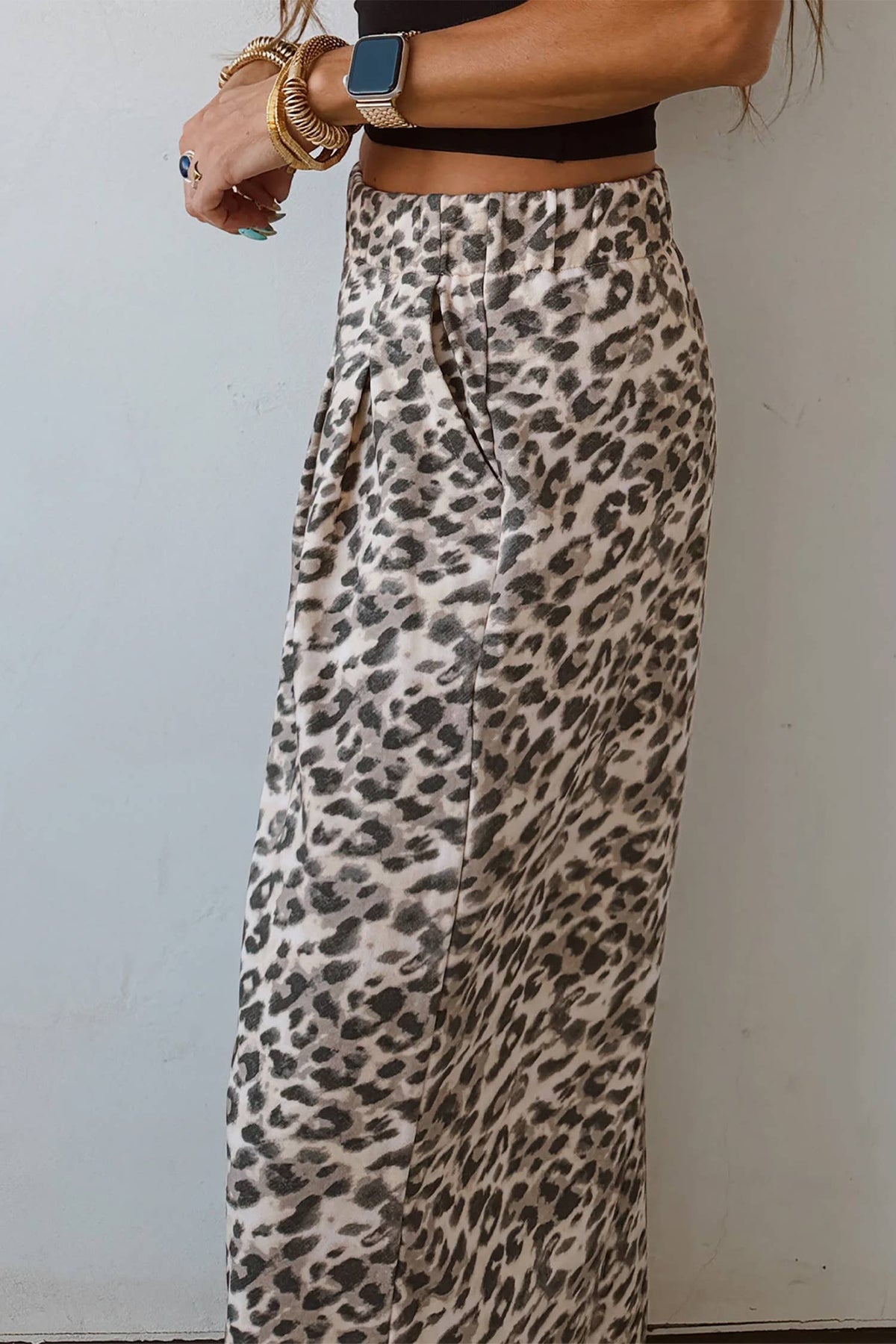 Leopard Print Wide Leg Pants : Gray Toned Leopard Print / Small - XL