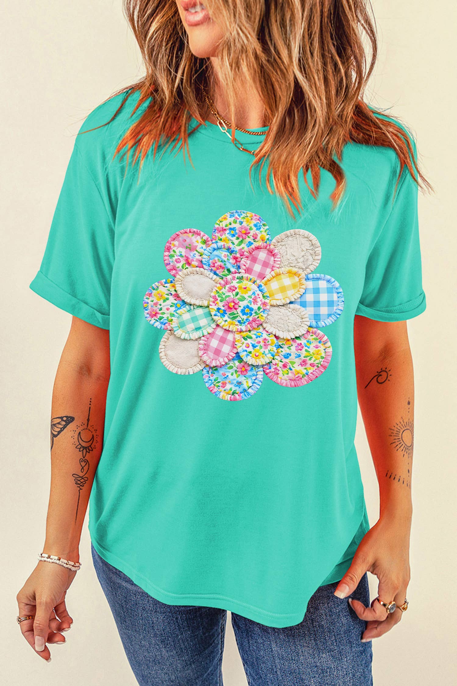 Patchwork Flower Printed Casual T Shirt : Mint Green S-3X