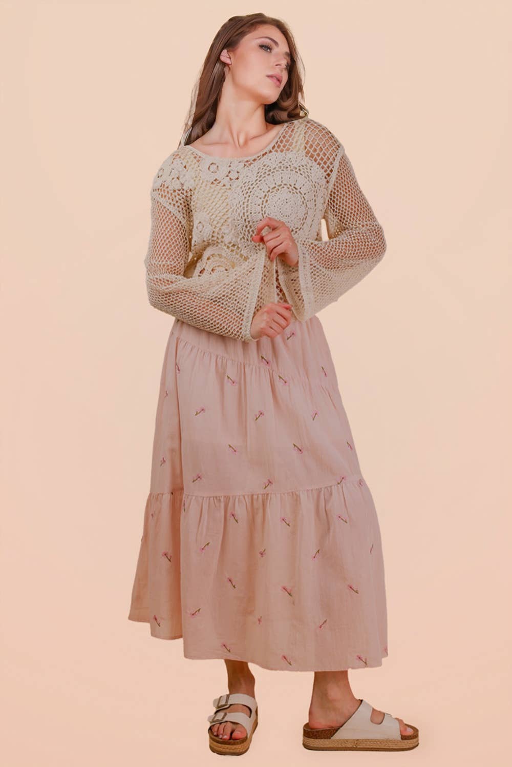 NT12142-Crochet Long Sleeve Knit Top: NATURAL / S.M-M.L/