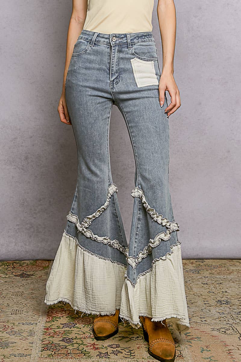 POL Vintage Solid Double Gauze Ruffle Pants: DENIM