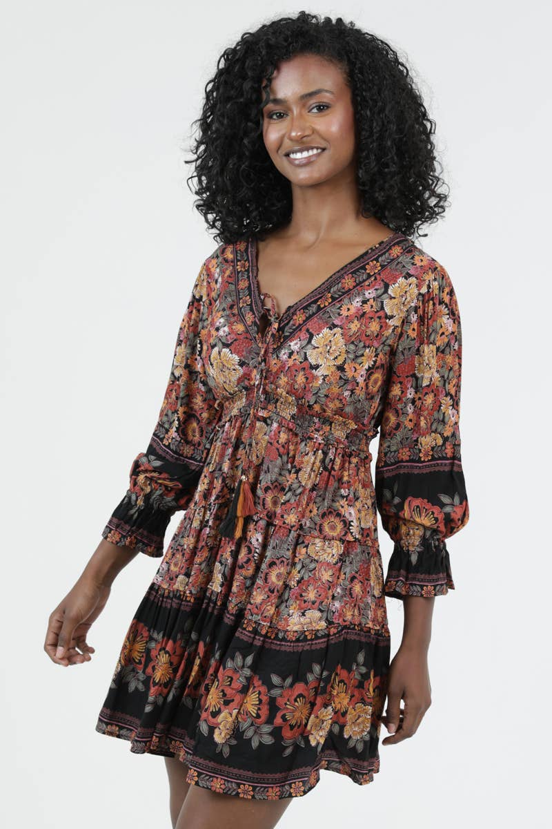 Autumn Wanderer Boho Floral Long Sleeve Dress Sizes Sm-Lg