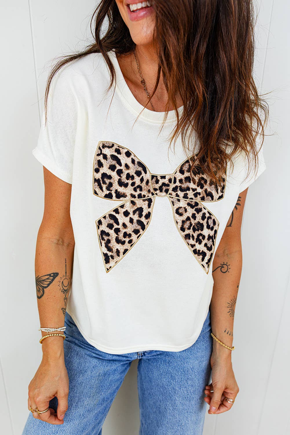 Leopard Bow Embroidered Cotton T Shirt : White / S - 3X