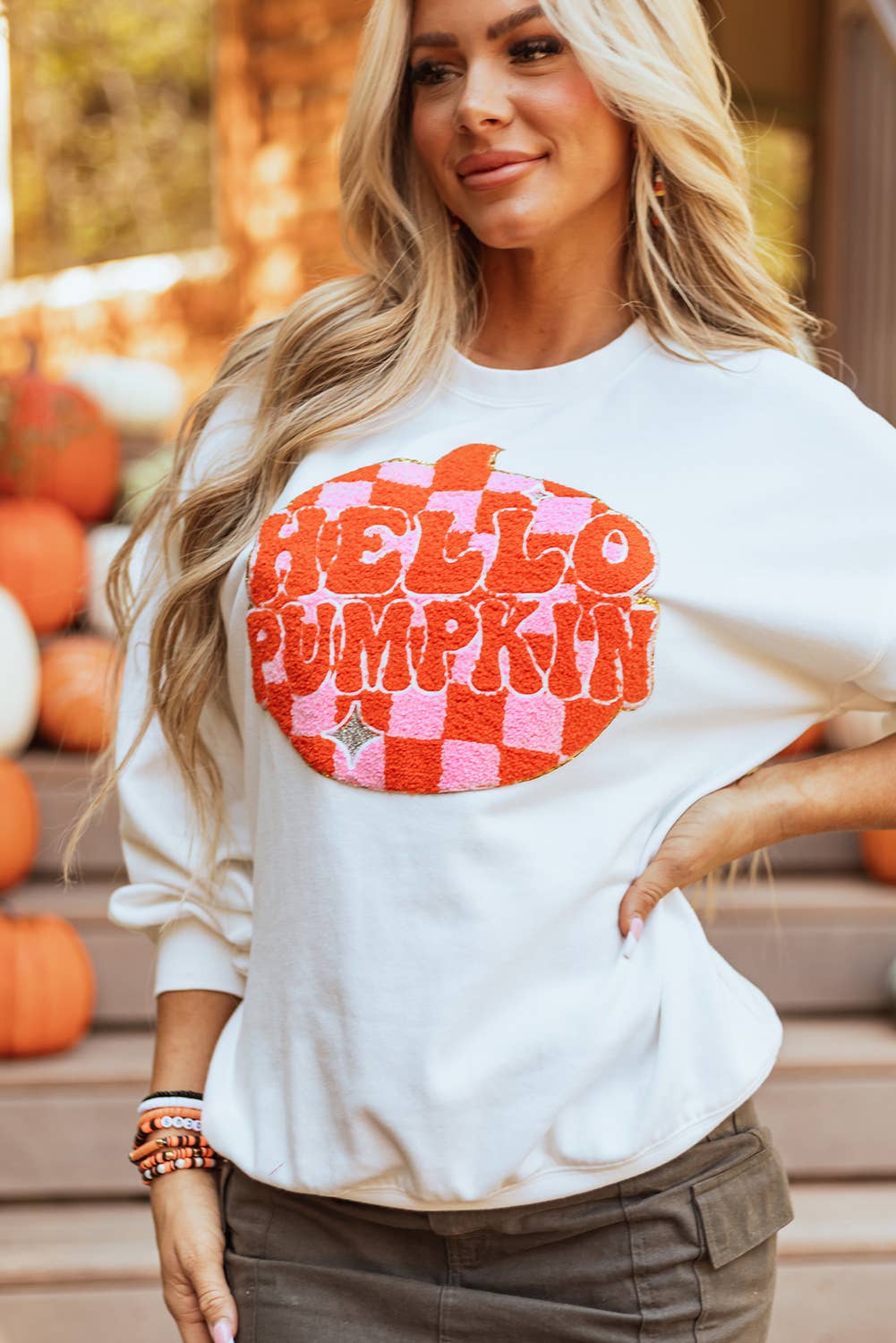 Terry Halloween Pumpkin Patched Pattern Sweatshirt: White / XL