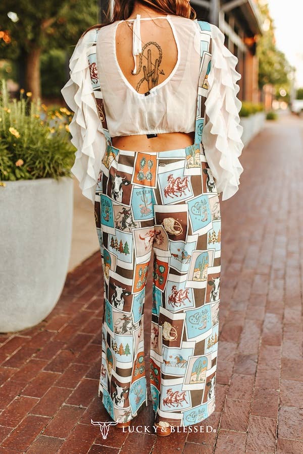 Lucky & Blessed Western Collage Printed Wide Leg Overall