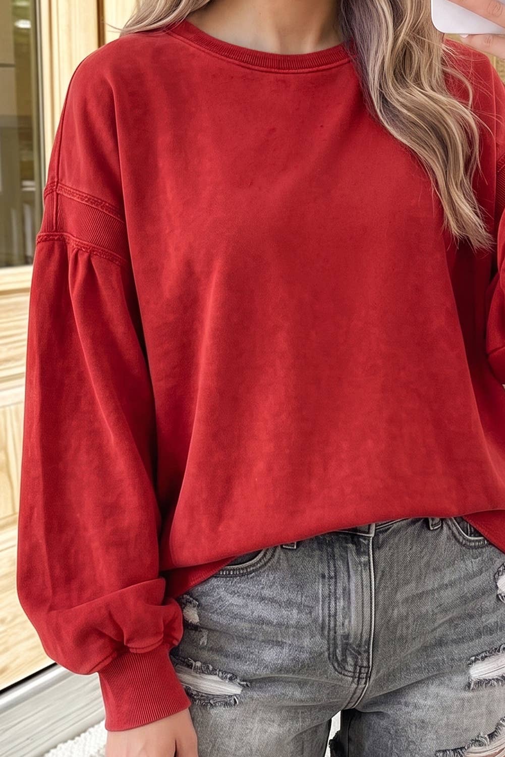 Ribbed Detail Drop Shoulder Cutout Back Sweatshirt: Racing Red