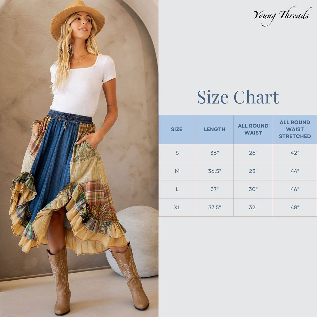 Young Threads: Western Boho Chic: Patchwork Midi Skirt : DENIM / Sizes Small - XL