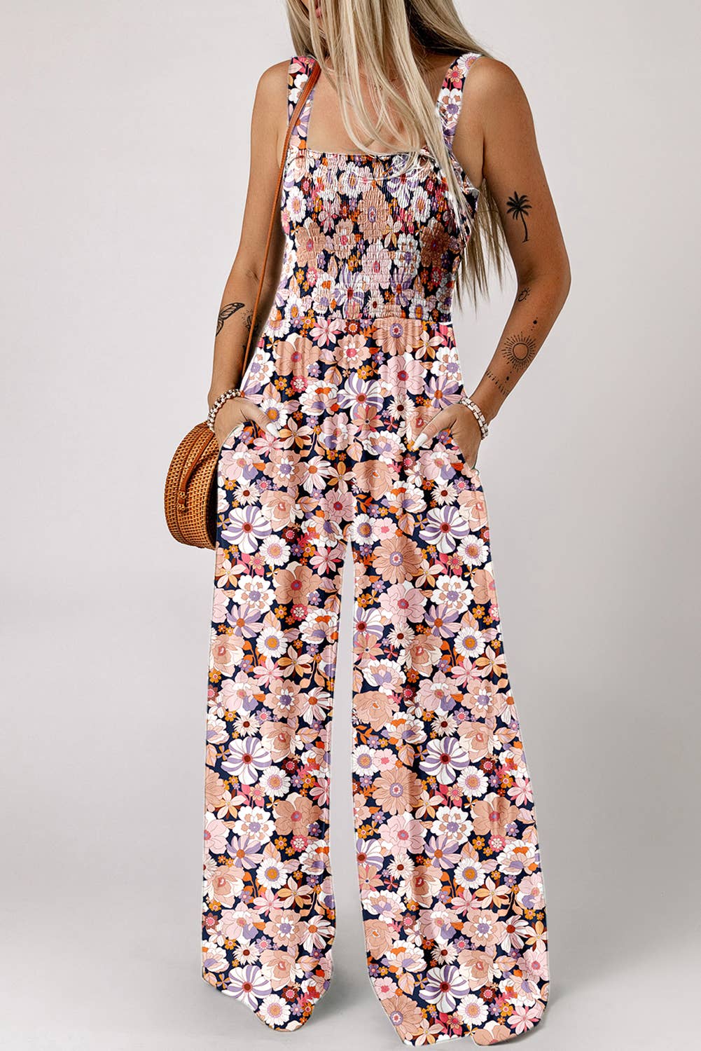 Boho Floral Print Smocked Jumpsuit/Wide Straps, Pockets and Wide Flare Legs - Sizes Sm-2X