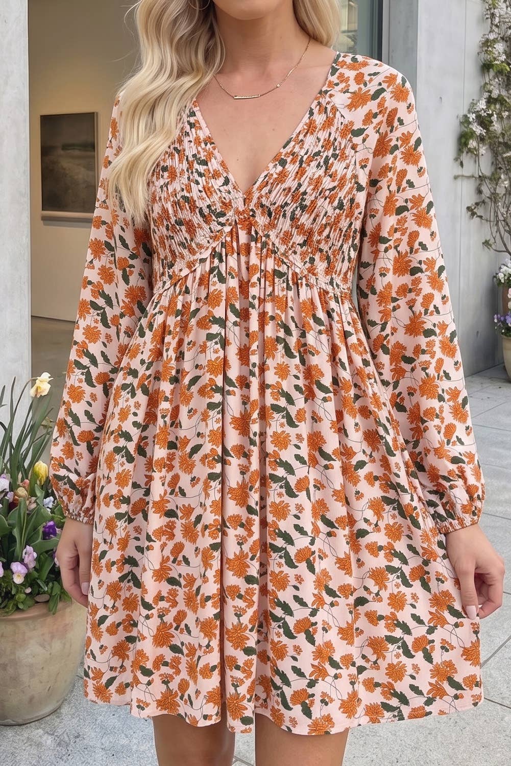 Fall Floral Deep V Neck Smocked Bubble Sleeve Dress