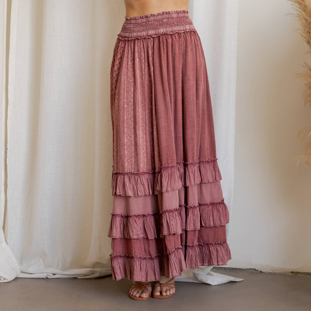 Young Threads: Rustic Textured Smocked Waist Ruffled Tiered Maxi Skirt: Gray / Small - 3X