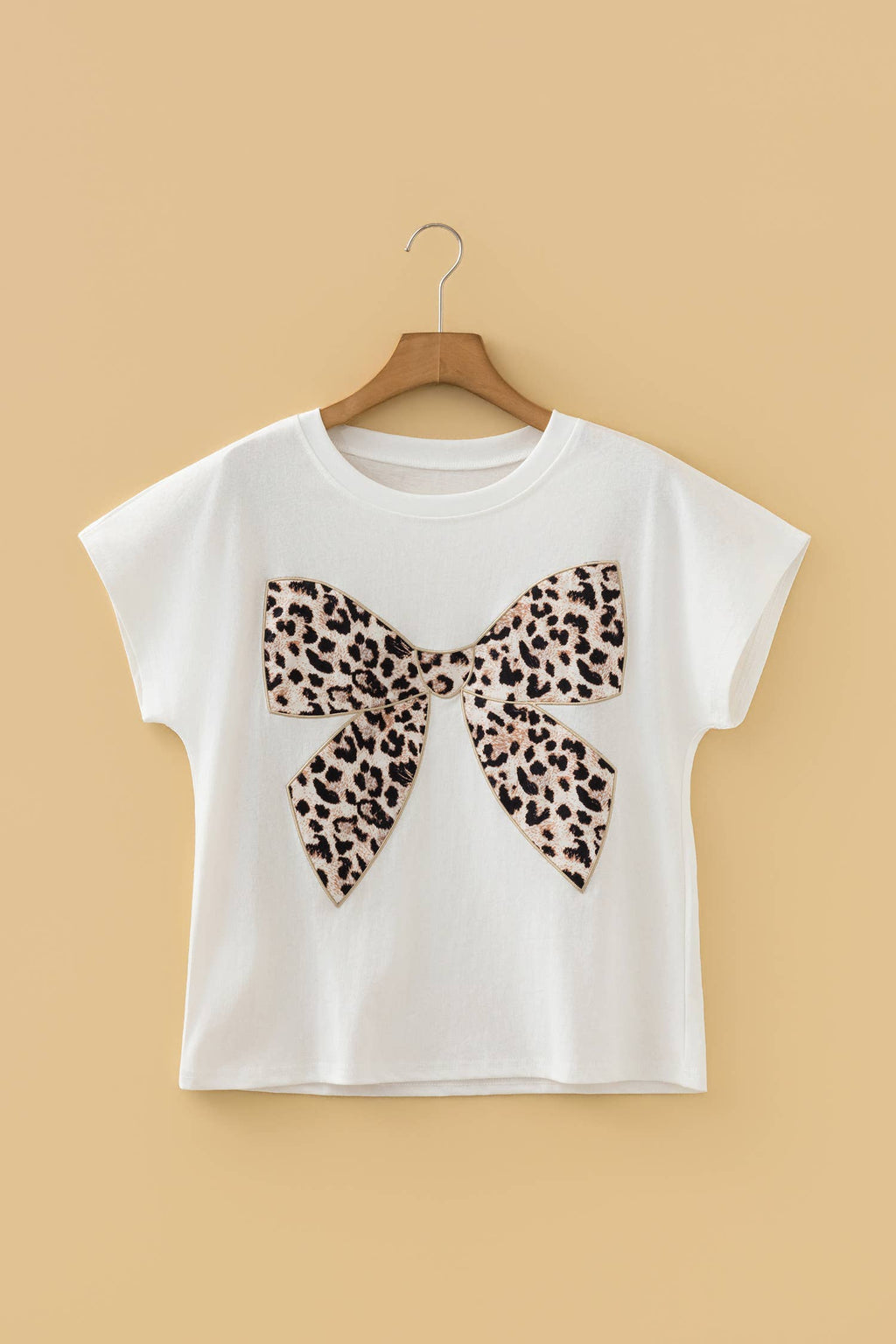 Leopard Bow Embroidered Cotton T Shirt : White / S - 3X