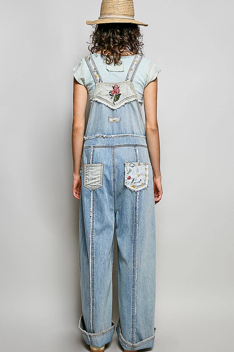 POL Relaxed Fit Floral Patchwork Embroidery Gauze Ruffle Hem Overall: DENIM