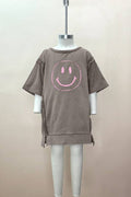 Kids Washed Knit Terry Mini Dress: Washed Charcoal w/Pink Smiley Face /  Sizes: S/4, M/6, L/8 & XL/10