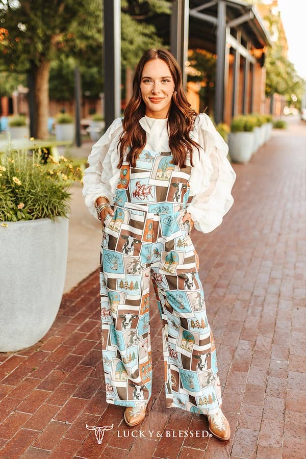 Lucky & Blessed Western Collage Printed Wide Leg Overall