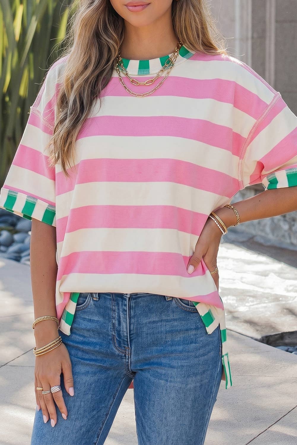 Exposed Seam Contrast Stripe Oversized Top: Yellow/Blue Stripe or Pink/Green Stripe - Sizes S - XL