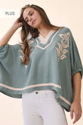 Plus Contrast Floral Embroidered  Top: DUSTY MINT /
