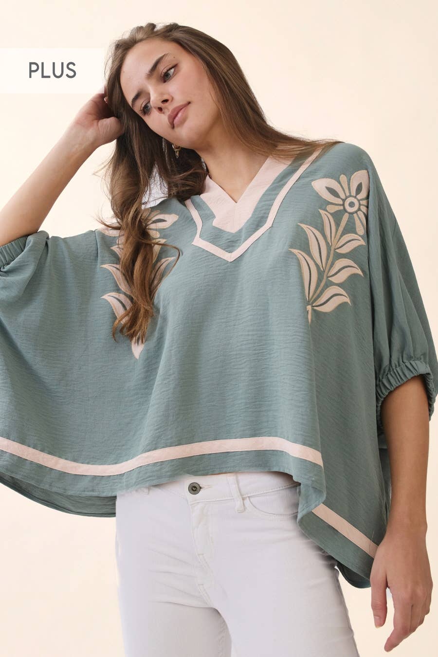 Plus Contrast Floral Embroidered  Top: DUSTY MINT /