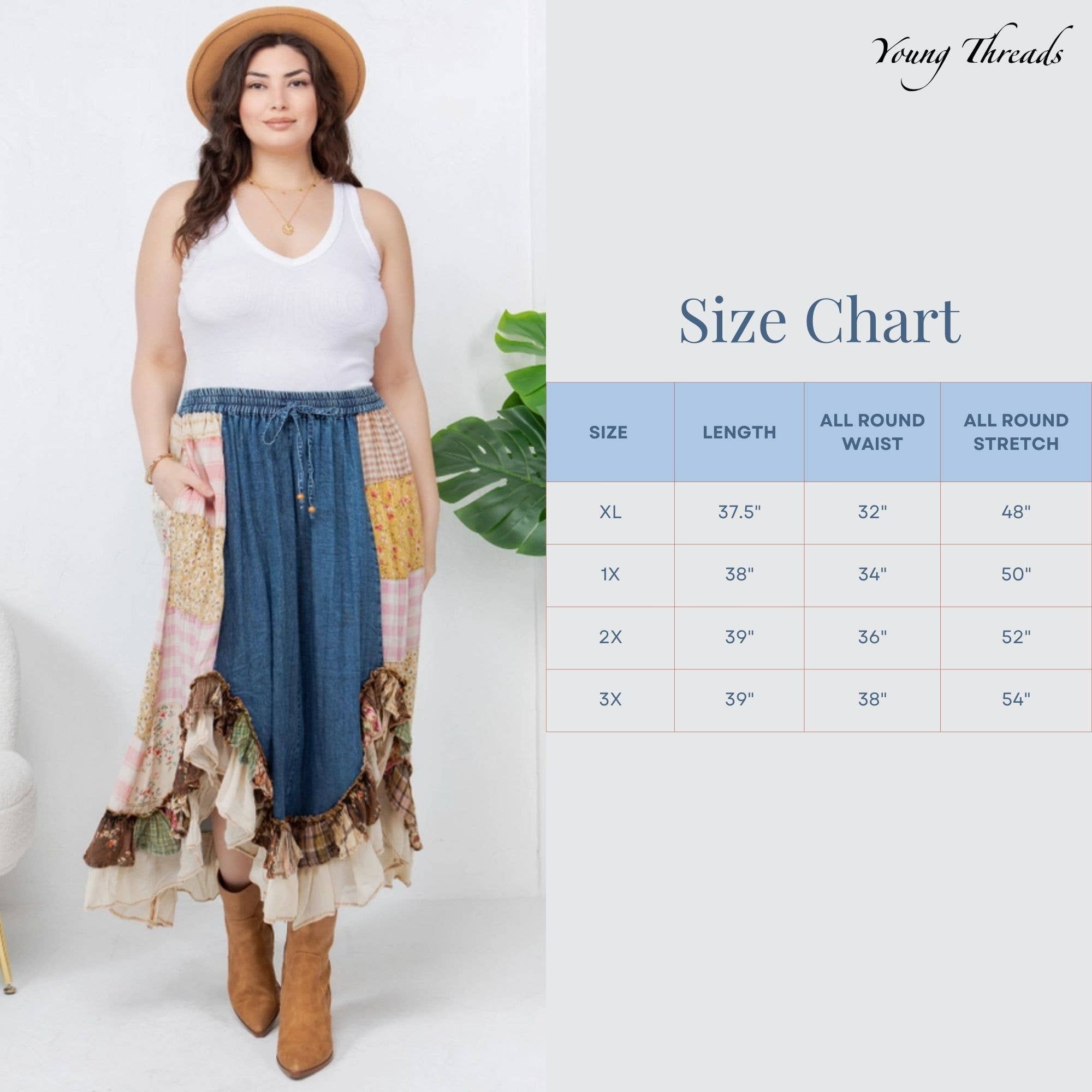 Young Threads: Western Boho Chic: Patchwork Midi Skirt : DENIM / Sizes Small - XL
