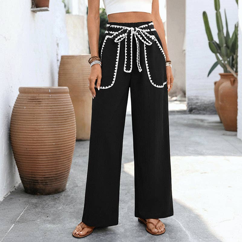 High Waist Wide Leg Matching Tie Belt Casual Pants: Black with White Contrast Stitching: Sizes: Small - Large