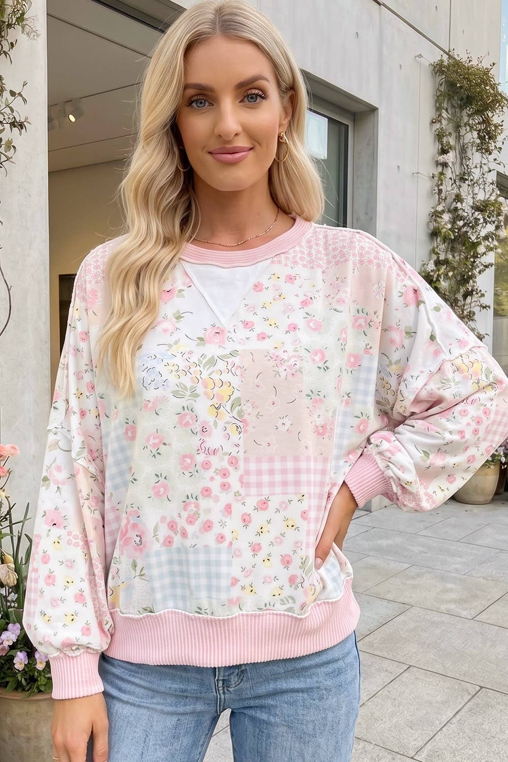 Twisted Ribbed Trim Floral Patchwork Sweatshirt Pink