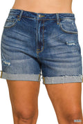 Plus Distressed Cuffed Raw Hem Denim Shorts Zenana: +DARK / Sizes 1X-3X