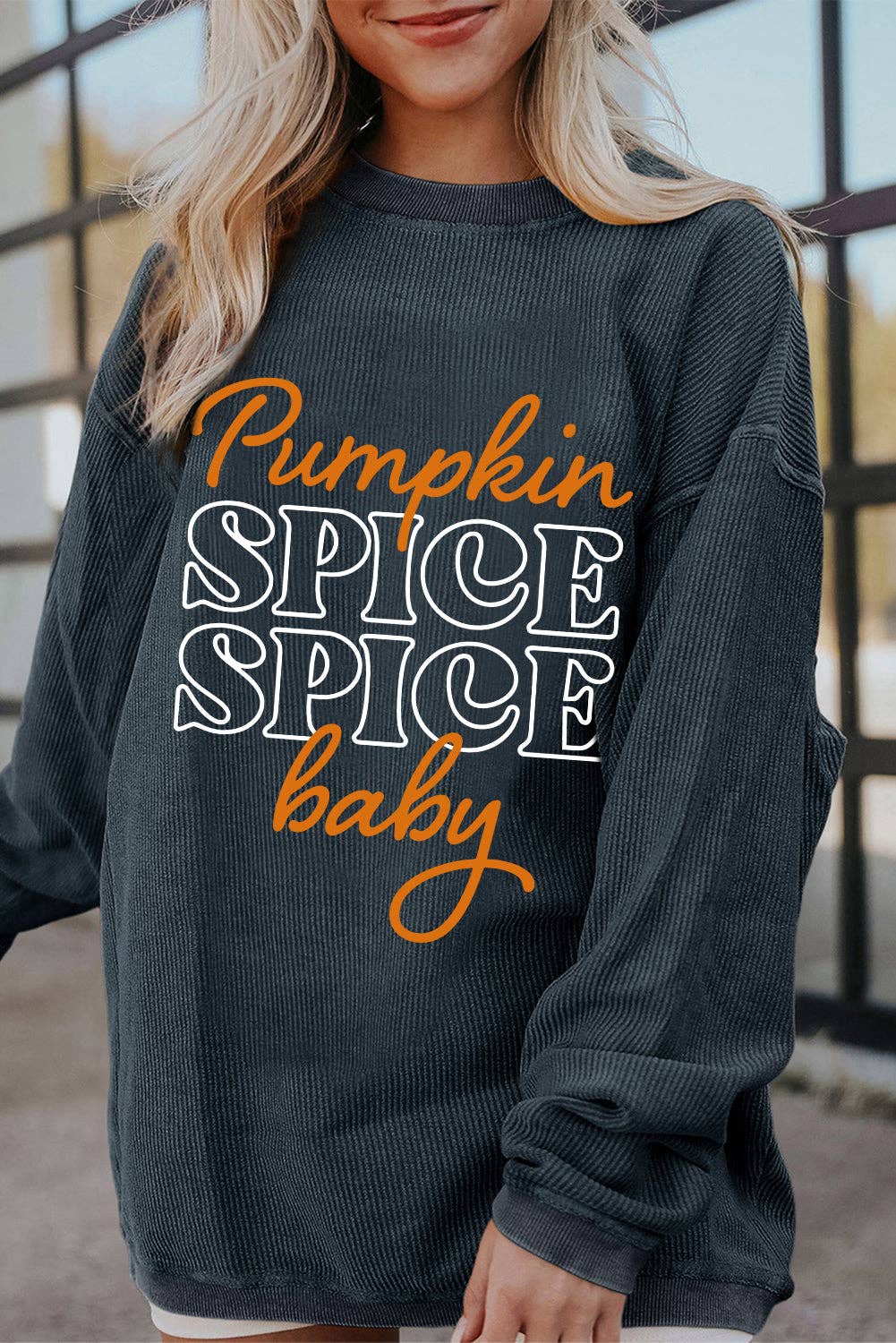 Autumn/Fall Pumpkin "Spice Spice Baby" Graphic Textured Sweatshirt: Dark Grey - Small - 2X