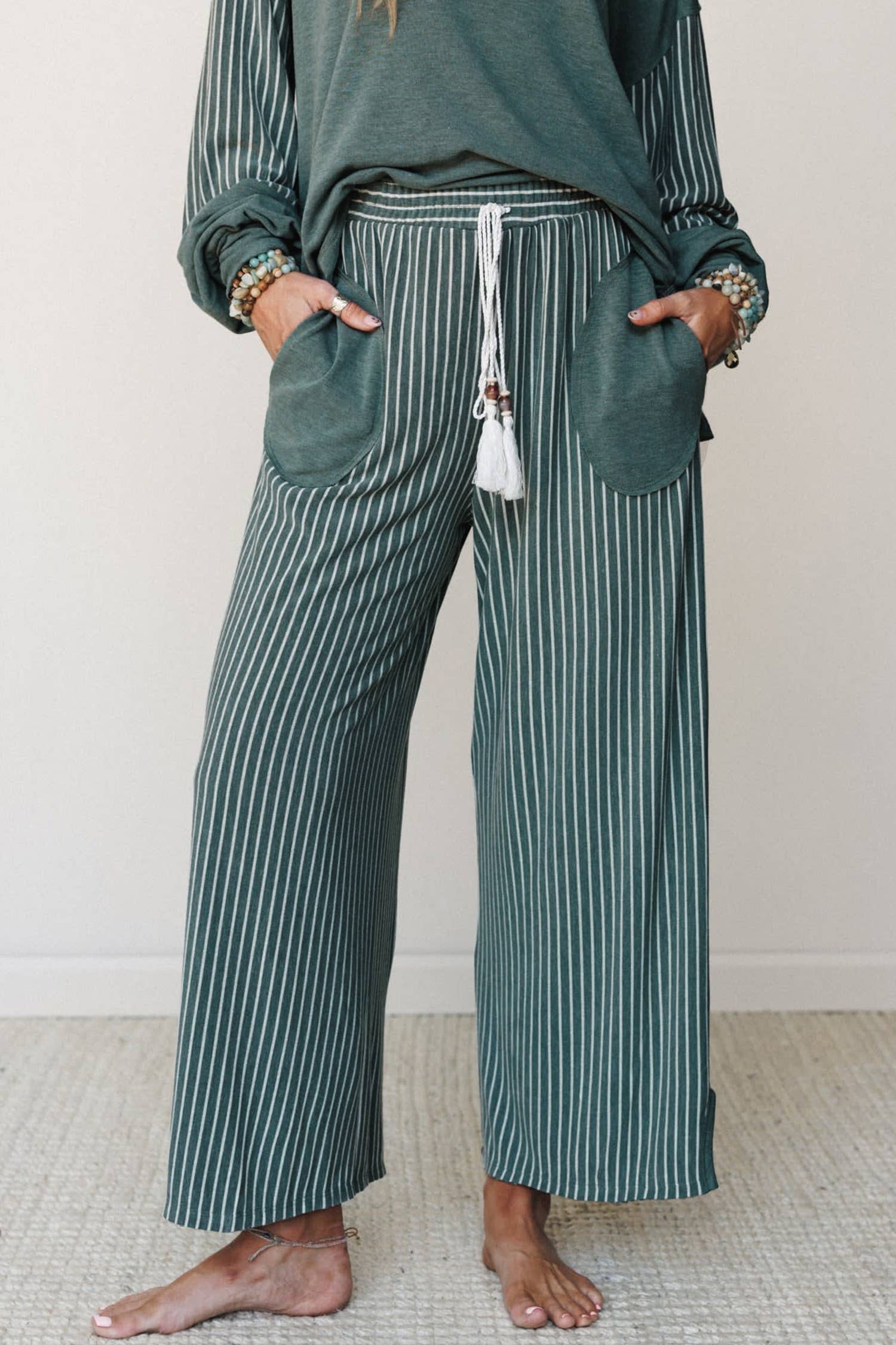 Striped Contrast High Waist Long Sleeve Pants Set Green - Sizes Small - XL