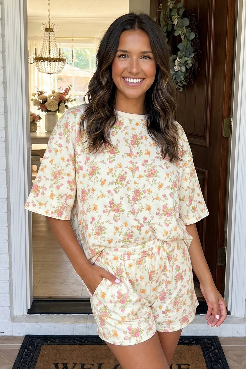 Floral Oversized Tee and Shorts 2-Piece Set / Pink and Blue Floral / S-XL