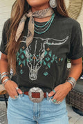 Western Bull Head Skull Turquoise Aztec Graphic T Shirt: Carbon Gray