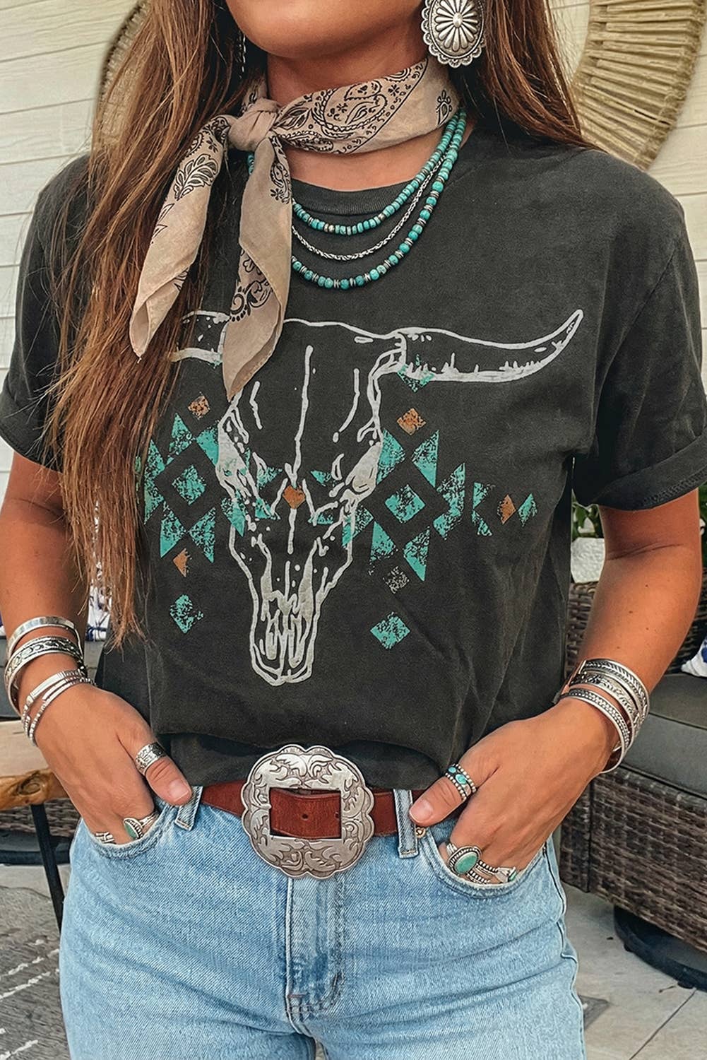 Western Bull Head Skull Turquoise Aztec Graphic T Shirt: Carbon Gray
