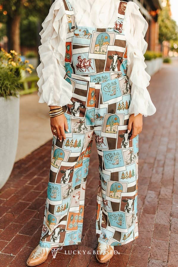 Lucky & Blessed Western Collage Printed Wide Leg Overall