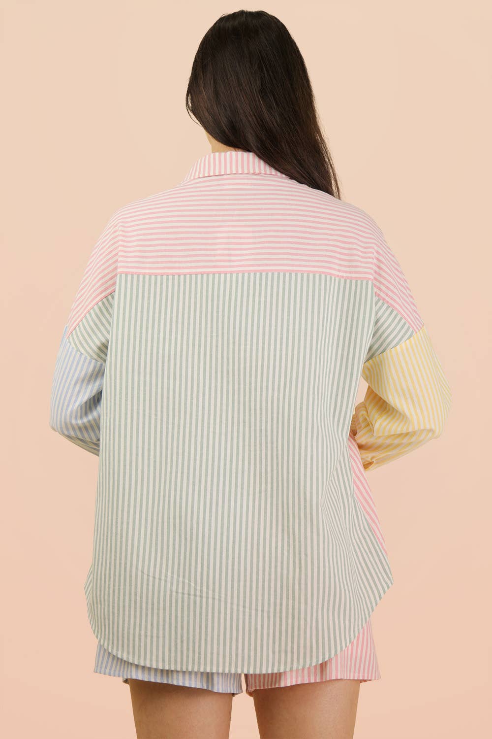 Stripe Color Block Shirt & Shorts Set: PINK MIX / S-M-L/