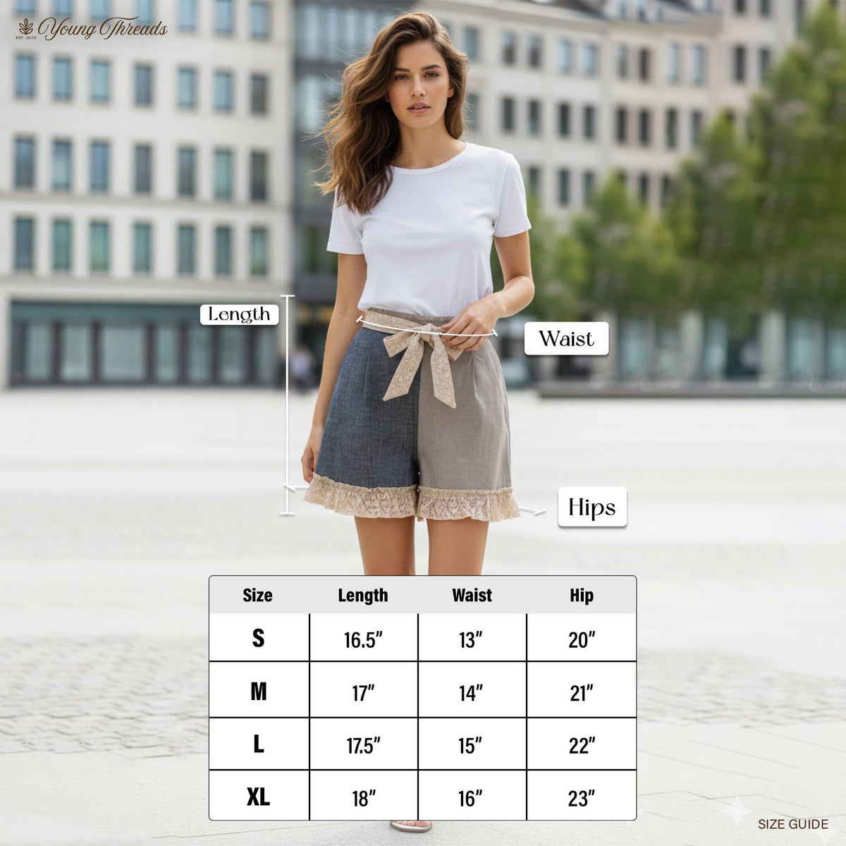 Young Threads: Artisan Boho Linen Tie-Waist Ruffle Hem Shorts NEW: LATTE / Small - XL