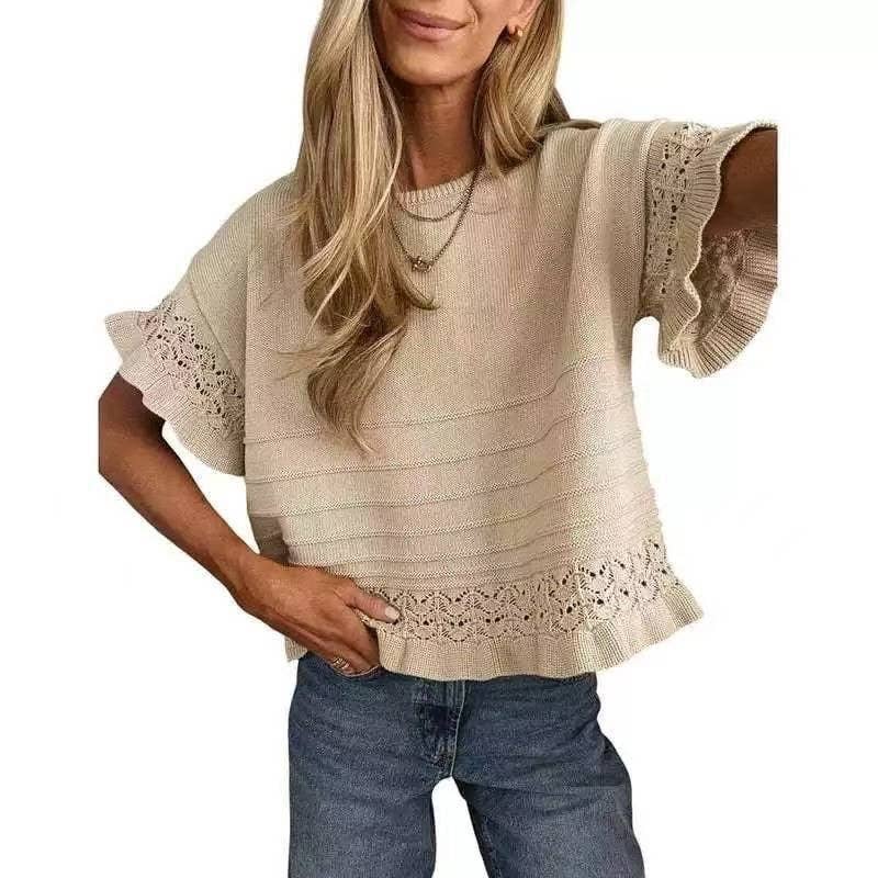 Boho Solid Knit Top Sweater Casual Eyelet Ruffle Sleeve: Olive Green or Khaki: Small - XL
