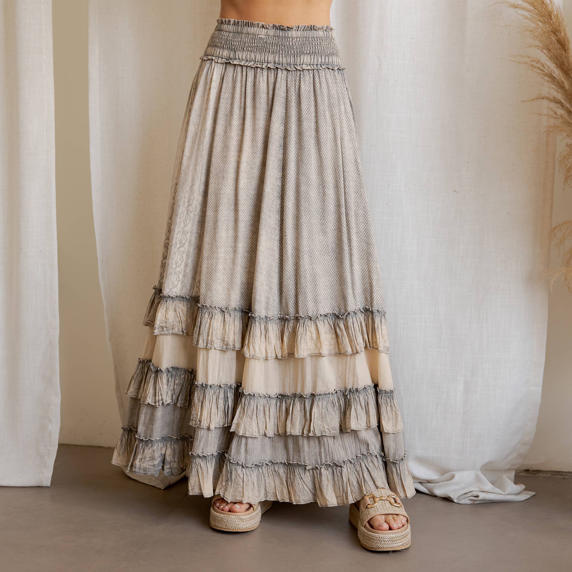 Young Threads: Rustic Textured Smocked Waist Ruffled Tiered Maxi Skirt: Gray / Small - 3X