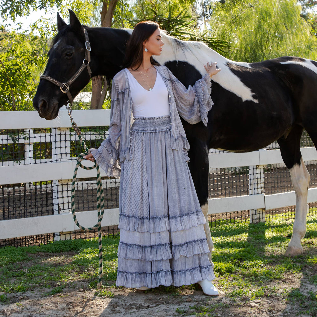 Young Threads: Rustic Textured Smocked Waist Ruffled Tiered Maxi Skirt: Gray / Small - 3X
