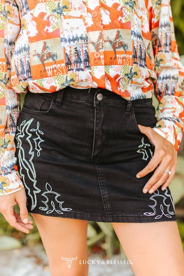 Lucky & Blessed Black Boot Stitch Embroidered Denim Skirt: S - XL