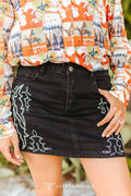 Lucky & Blessed Black Boot Stitch Embroidered Denim Skirt: S - XL