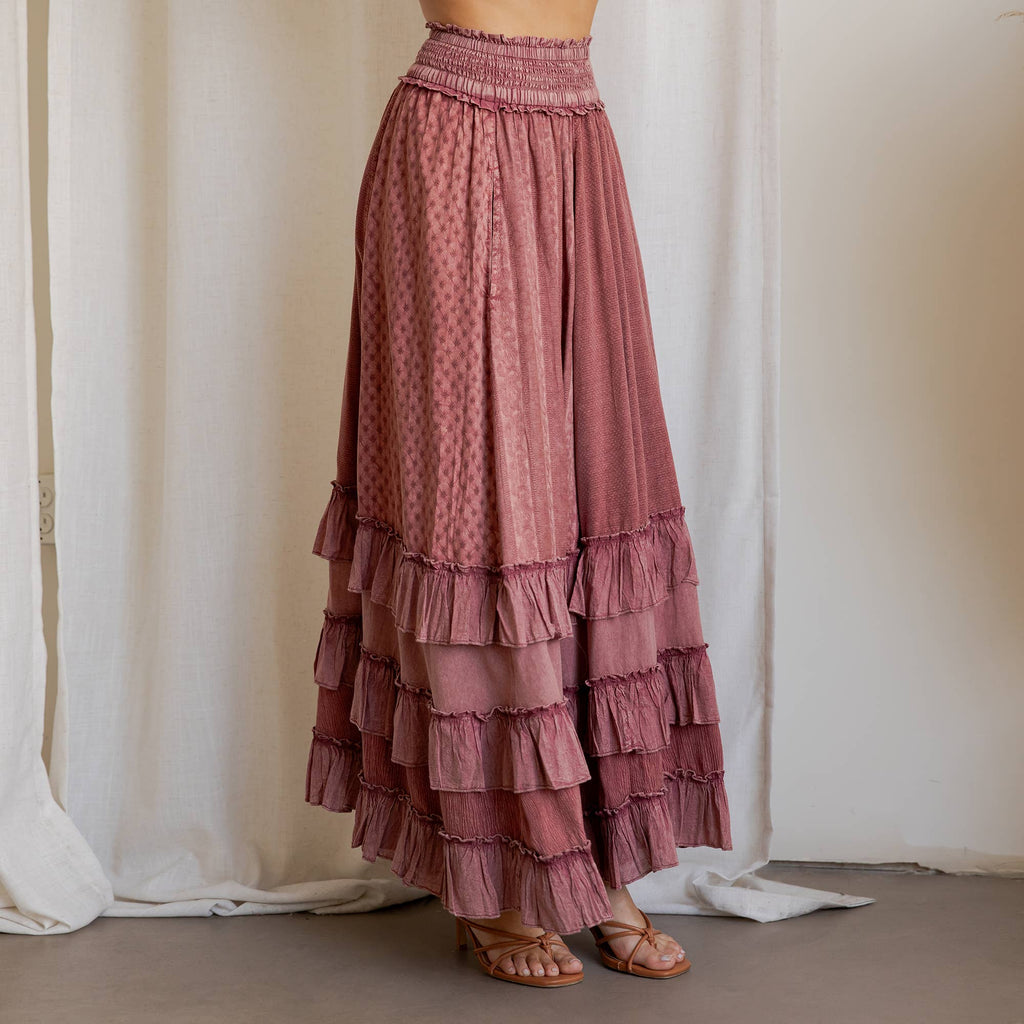 Young Threads: Rustic Textured Smocked Waist Ruffled Tiered Maxi Skirt: Gray / Small - 3X