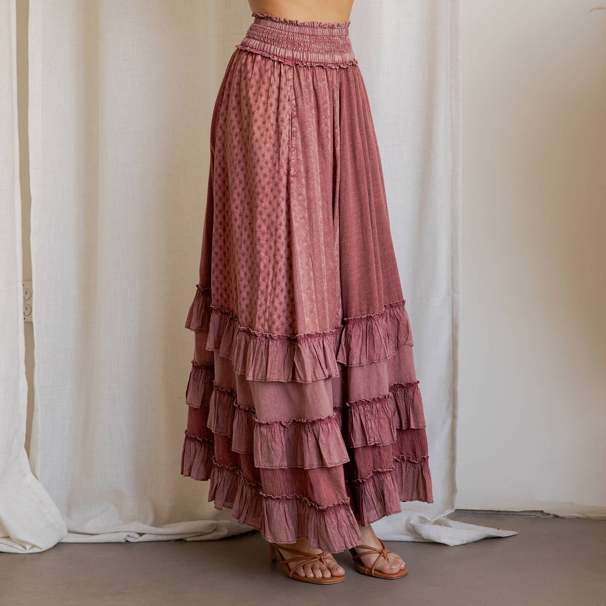 Young Threads: Rustic Textured Smocked Waist Ruffled Tiered Maxi Skirt: Gray / Small - 3X