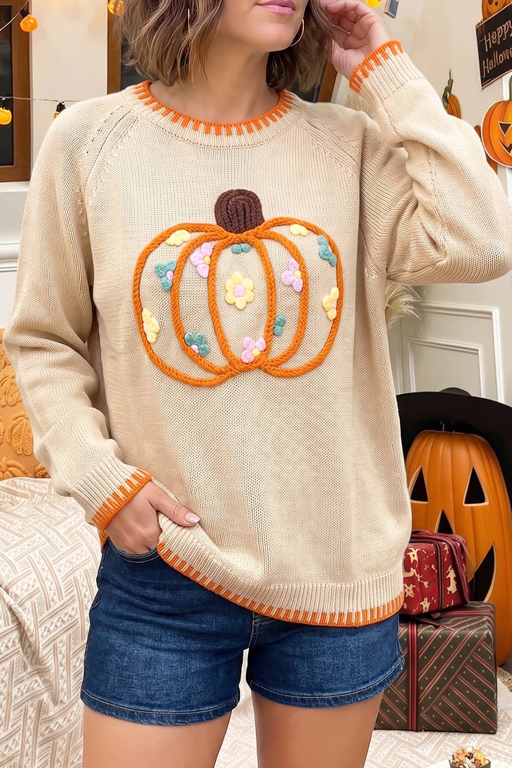 Autumn/Fall Floral Embroidery Pumpkin Sweater : Parchment - Size S-XL