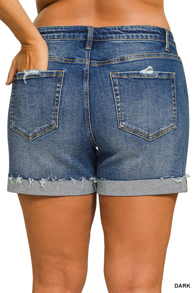Plus Distressed Cuffed Raw Hem Denim Shorts Zenana: +DARK / Sizes 1X-3X