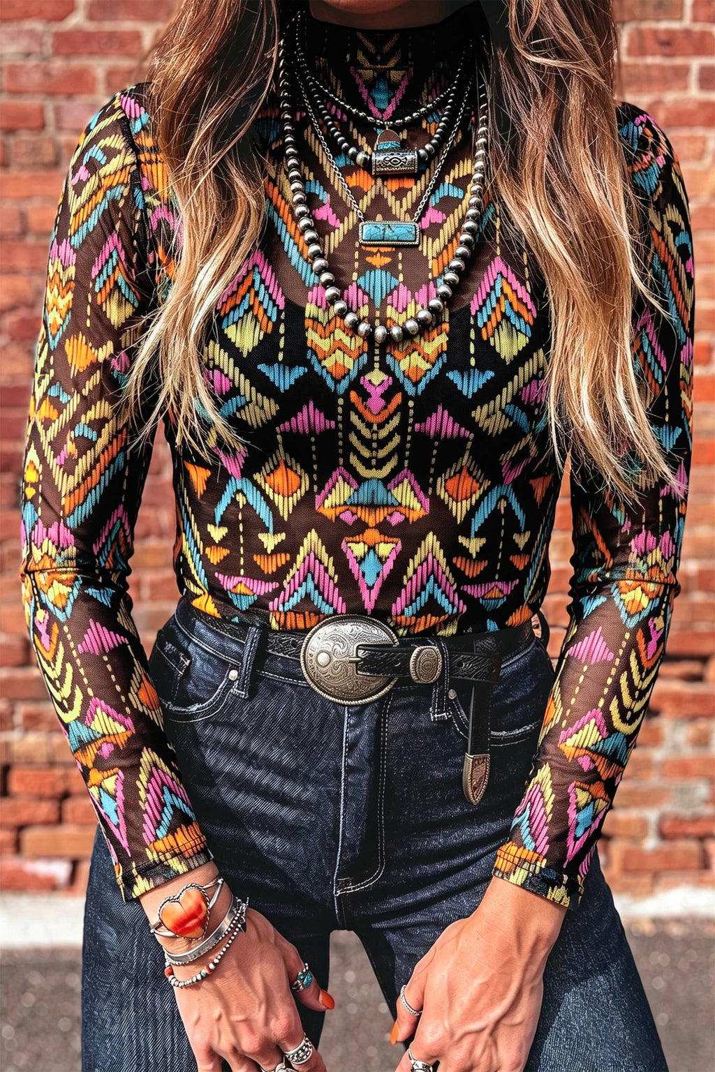Aztec Pattern Mock Neck Mesh Sheer Layering Top / L