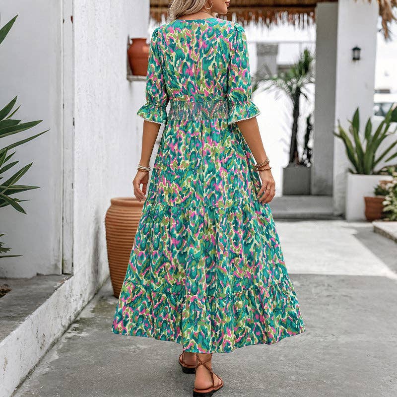 Abstract Maxi Dress V Neck Tiered: Green / 100% Viscose: Small - XL