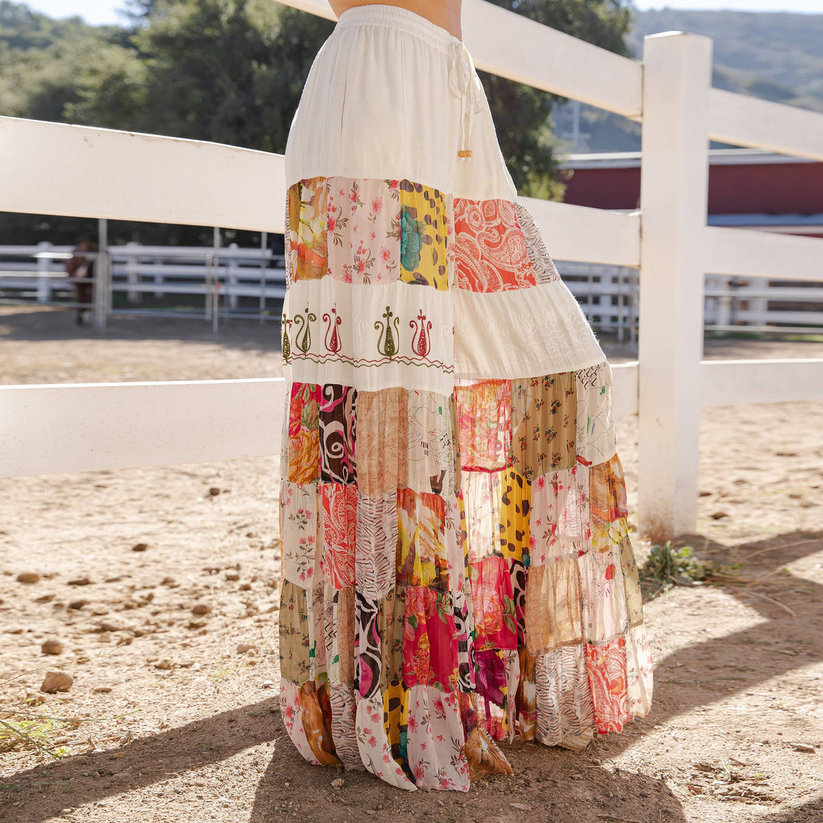 Young Threads - Boho Artisan Tiered Patchwork Wide-Leg Pants: Moss - Sizes Small - XL