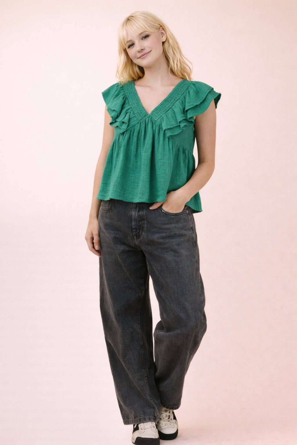 NT12130-Smocking Detail Ruffle Sleeve Cotton Gauze Top: PINK / S-M-L/